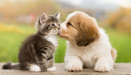 Little tabby kitten playing with little puppy