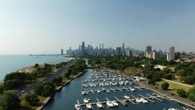 Chicago harbor with city skyline