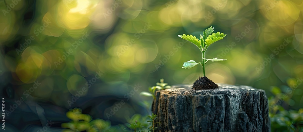 Poster a tiny tree sprouting on a stump with a tree trunk backdrop in a copy space image
