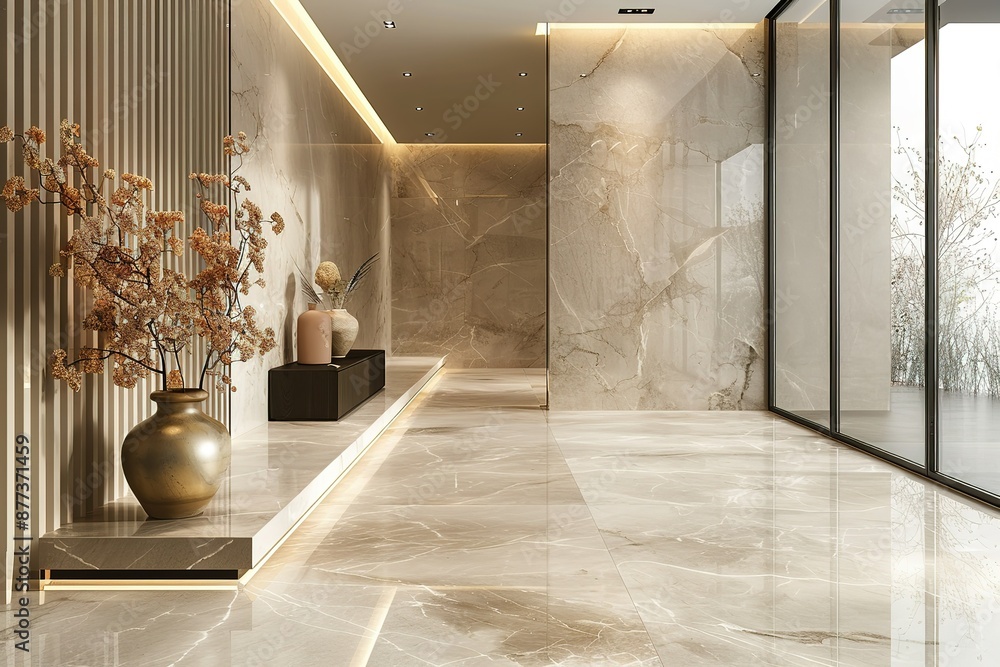 Poster a large room with a white tile floor and a large window