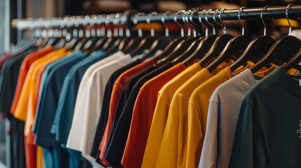 Obraz premium Colorful T-Shirts Hanging on a Clothes Rack