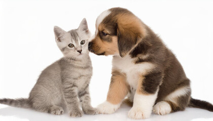 Obraz premium Little tabby kitten playing with little puppy