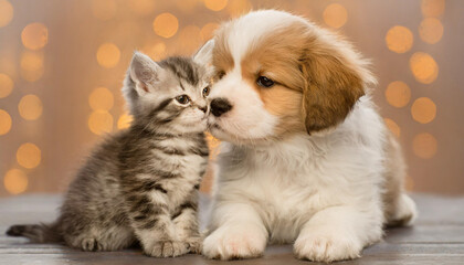 Little tabby kitten playing with little puppy