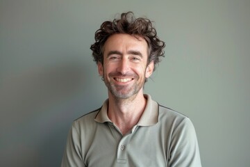 Obraz premium Portrait of a grinning man in his 30s wearing a sporty polo shirt isolated in plain cyclorama studio wall