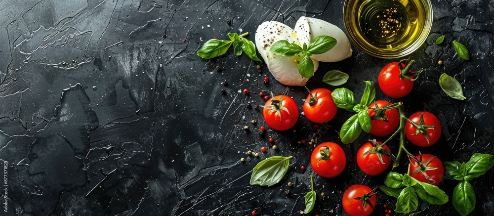 Poster top view image of a caprese salad featuring tomatoes mozzarella basil and olive oil on a black textu