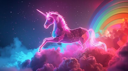 Fototapeta premium Neon unicorn with bright, glowing colors, perched on a rainbow of clouds, surreal and enchanting, dynamic lighting, 3D rendering