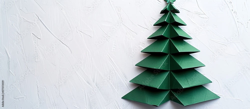 Wall mural a green craft paper christmas tree in origami style on a white background with ample copy space imag