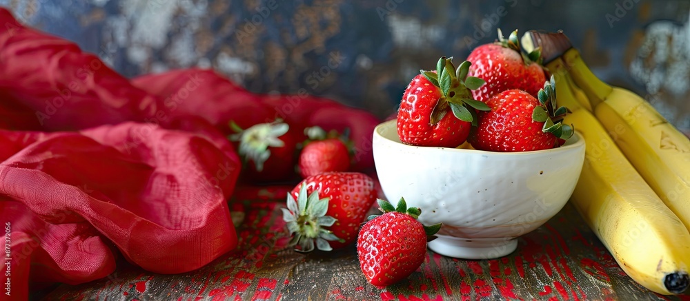 Poster fresh ripe red strawberries and bananas in a small white bowl on an old wooden table with a red fabr