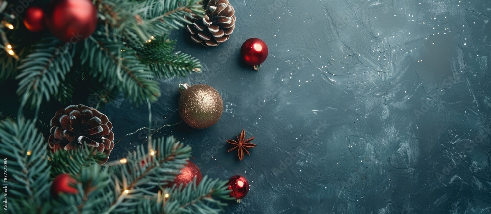 Poster top view of two christmas trees with baubles on a table with copy space image