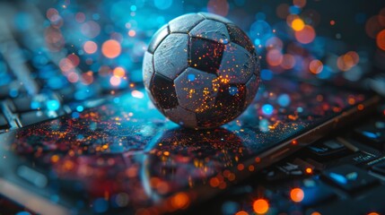 Soccer Ball on Digital Surface with Sparkling Lights - Generative AI