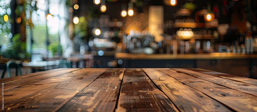 Poster an empty brown wooden table with a blurred coffee shop background featuring bokeh effect is ideal fo
