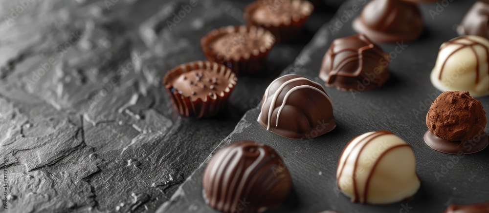 Poster chocolate candies displayed on a black stone surface with a black background creating a captivating 