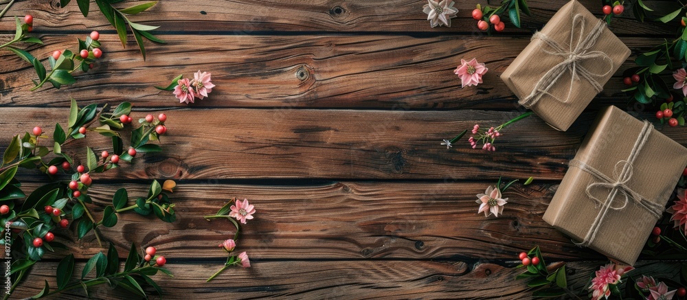 Aufkleber classic backdrop with present and blooms on a rustic wooden table with copy space image