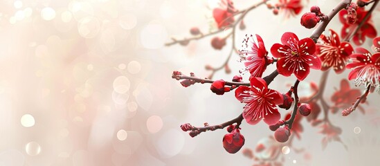 Red double plum blossom in a copy space image