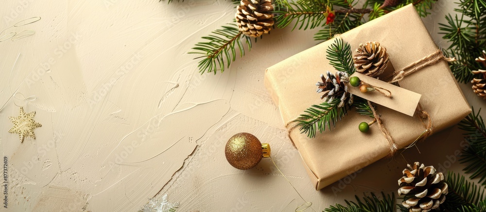 Poster close up of a gift box with a tag for congratulations new year s decorations fir branches on beige b