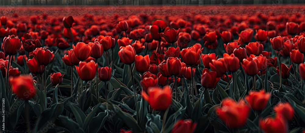 Poster a picturesque spring scene of a lush field full of vibrant red tulip flowers with ample copy space f