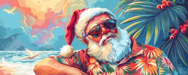 Santa Claus relaxing on a tropical beach, wearing sunglasses and a Hawaiian shirt, vibrant colors, playful and fun illustration, holiday theme