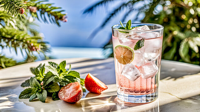 Strawberry Lime Cooler: A Tropical Refreshment for Hot Days Great for cocktail menus, summer party invites, and social media promotions for tropical beverages - Powered by Adobe