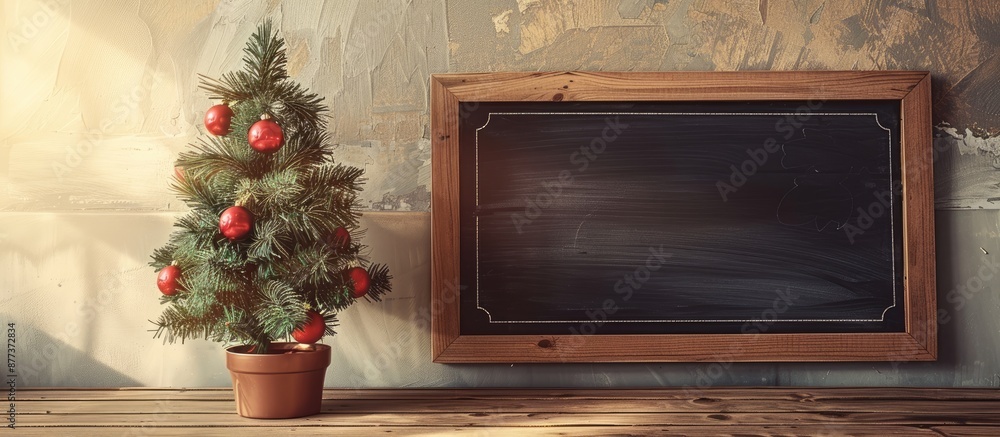 Poster toned photo of christmas background featuring a fir tree and empty chalkboard as a copy space image
