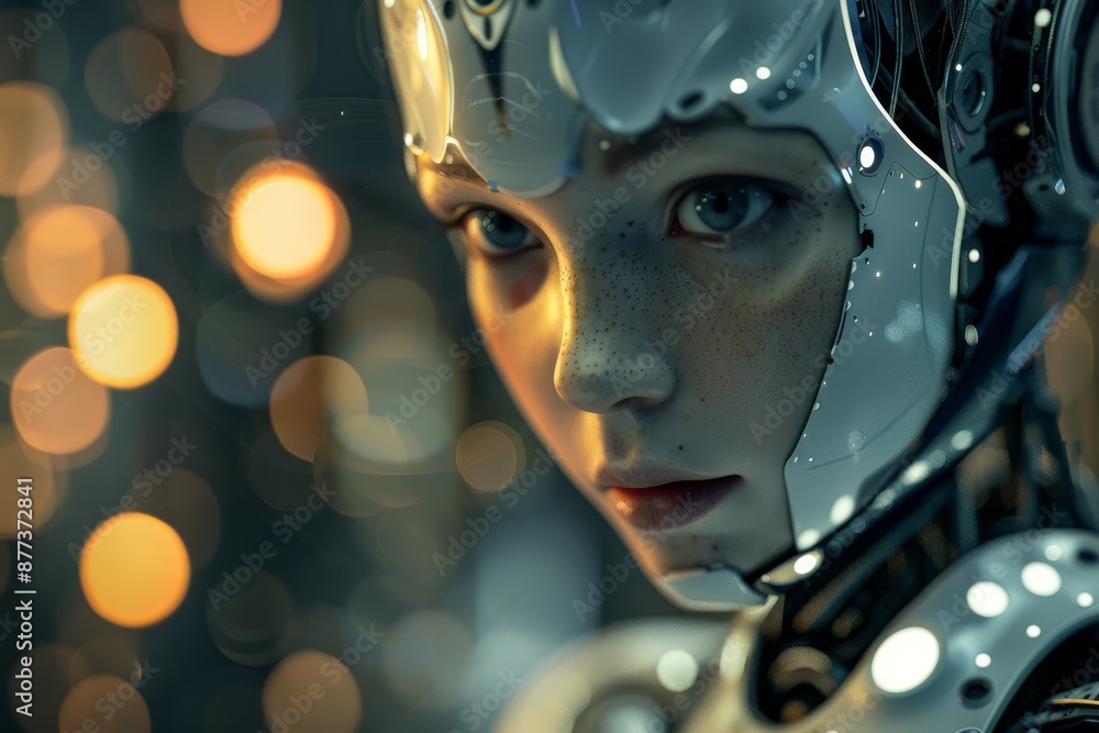 Poster an android face on a dark background. stock concept. futuristic robot head with technology neural sy