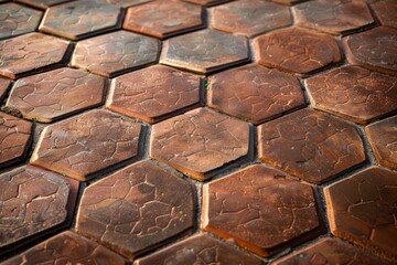 A beautiful patio paved with hexagonal clay bricks, creating a unique and inviting outdoor space. The warm tones of the bricks add a cozy ambiance to the area.