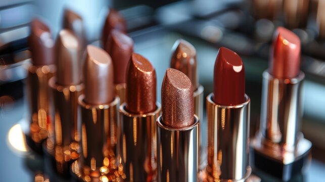 Sleek and stylish lipsticks with metallic finishes on a mirrored surface, elegant design, ample copy space