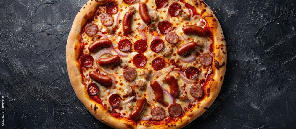 Aufkleber top view of a pizza featuring sausages on a food background with tomato sauce cheese and meat leavin