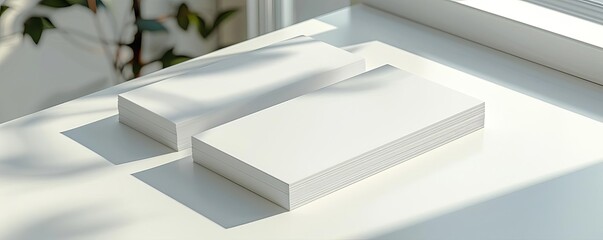 White blank business cards lie on a white clean table, minimalistic design, high-key lighting, sharp focus, modern and sleek mockup, realistic style