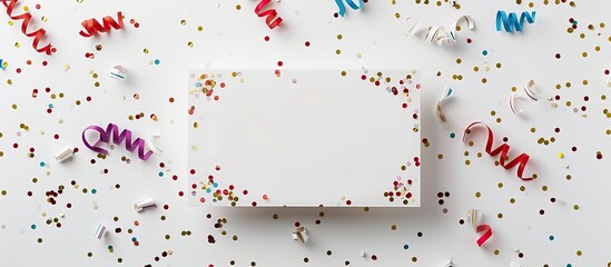 Creative concept featuring blank white page mockup with sparkles confetti on a white backdrop simulating an empty greeting card with ample copy space image available
