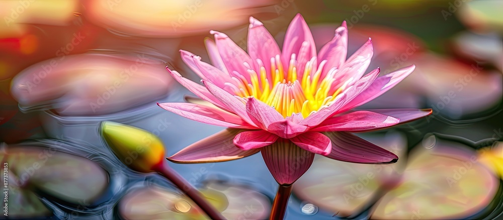 Poster capturing a stunning pink lotus flower in a macro photograph offering copy space image for text or p