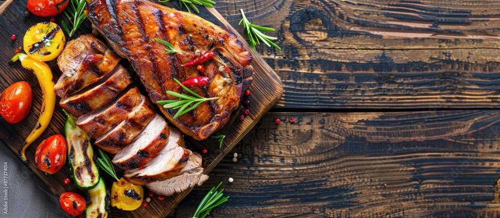 Aufkleber top down view of sliced grilled pork and vegetables on a wooden board with ample copy space image
