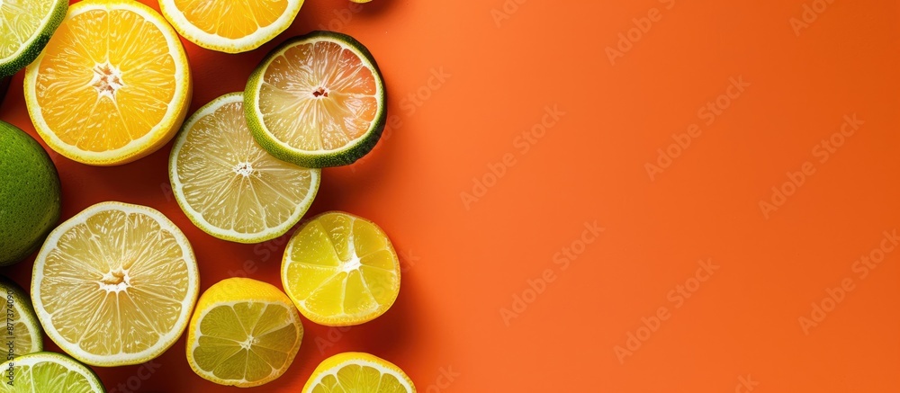 Aufkleber top view of a fresh fruity and juicy fruit concept with freshly cut slices of lemons and limes on th