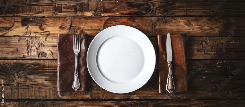 Poster a classic white plate on a rustic wood table with silverware and a leather menu creating a dining sc