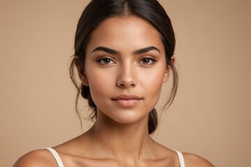 Portrait of young beautiful latin woman with perfect smooth skin over beige background.