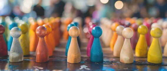 Colorful wooden people in different colors standing on the table