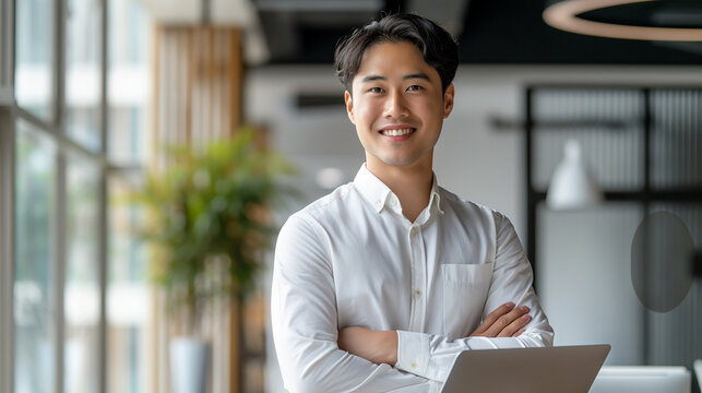 若いアジア人ビジネスマンがノートパソコンを開き、白シャツでカジュアルな笑顔のオフィスでのITワークシーン_男性の仕事風景