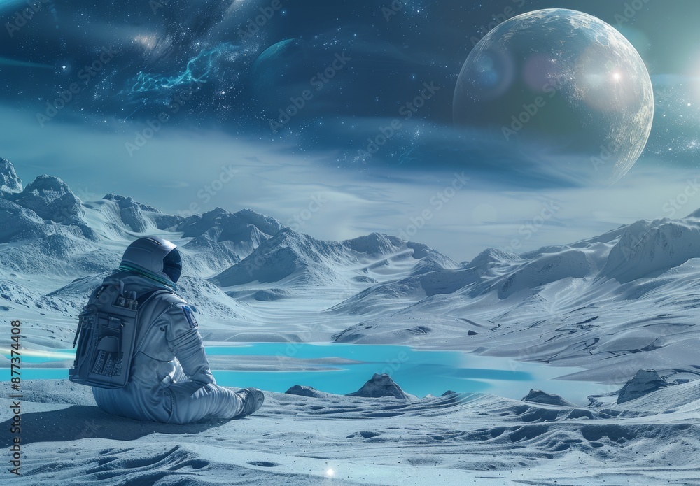 Poster view from the back of an astronaut walking on a red planet's surface in a space suit