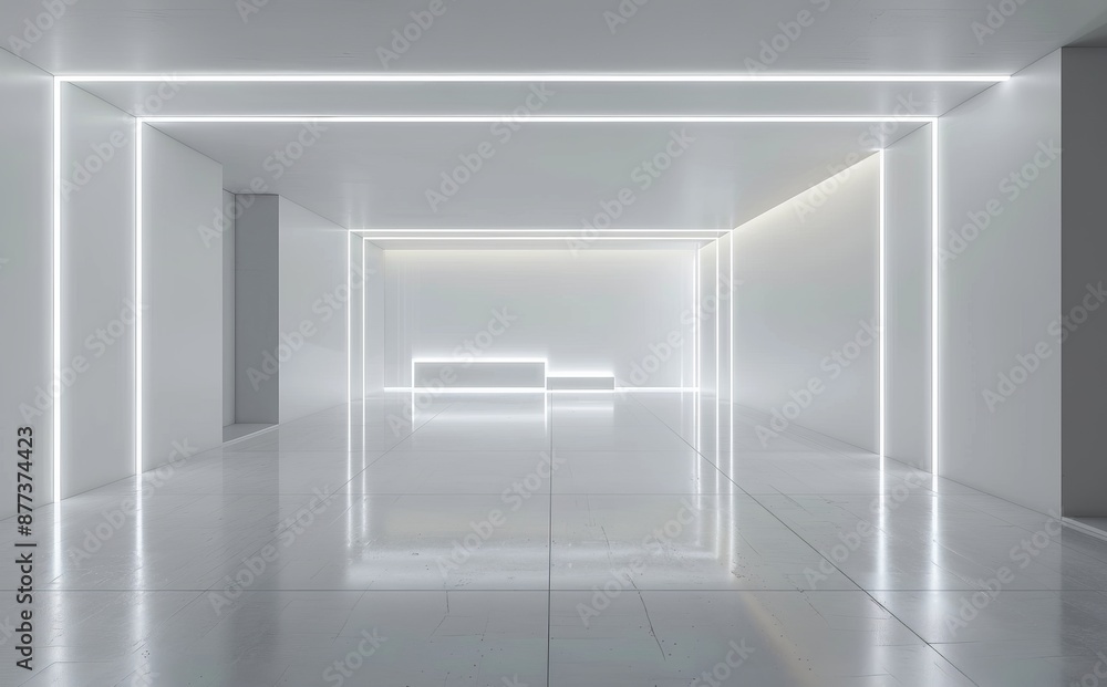 Poster three-dimensional rendering of an indoor building with neon lights.