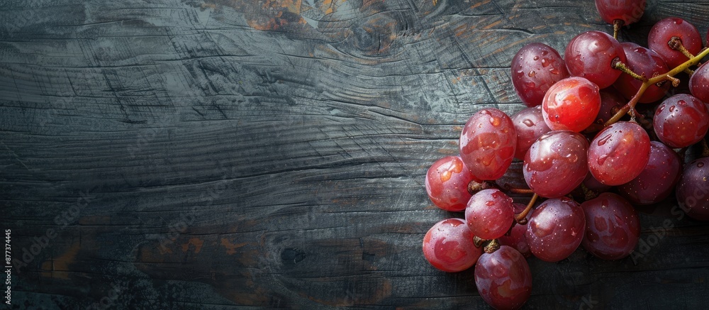 Poster red grapes displayed on a dark wooden surface with space for text or images. copy space image. place