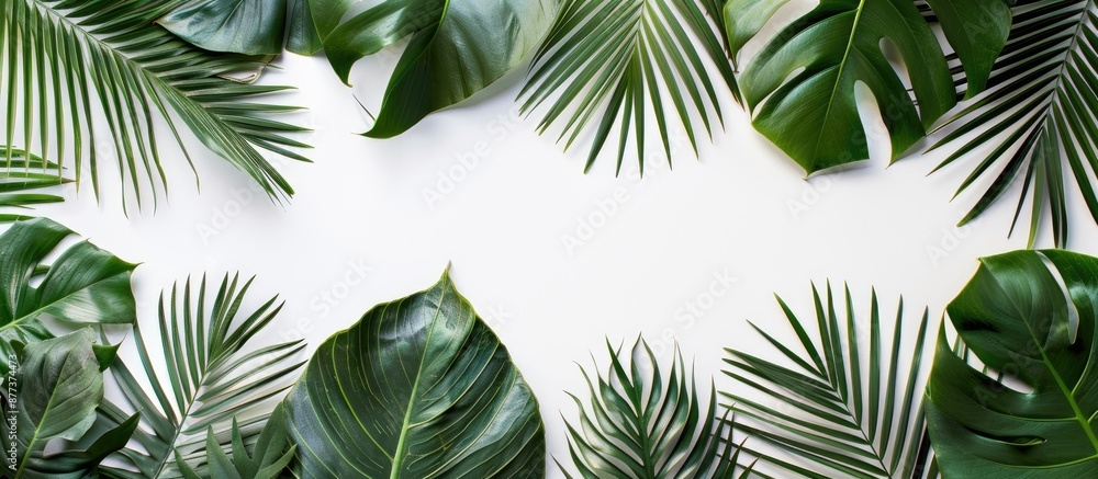 Poster overhead view of lush palm leaves and monstera leaves on white backdrop with ample copy space image