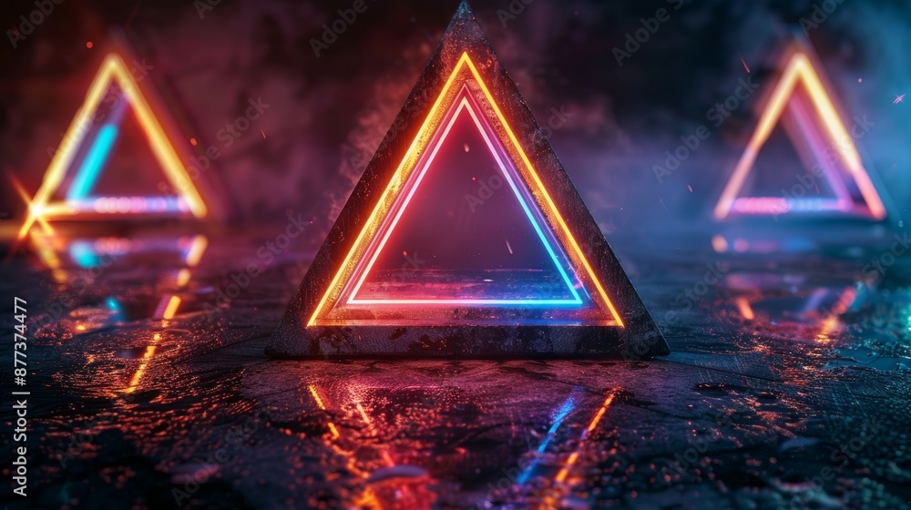 Poster An distorted glowing triangle with a futuristic shape in a cyberpunk style. Adaptive stock.