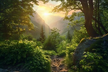 Fototapeta premium Hiking path is leading to a majestic valley surrounded by lush green forest at sunset