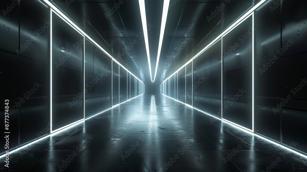 Poster the scene in the image is a sci fi neon tunnel lit by reflections on the floor and ceiling. this is 