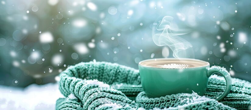 A cozy winter scene with a cup of steaming hot drink nestled in a green sweater outdoors ready for a copy space image