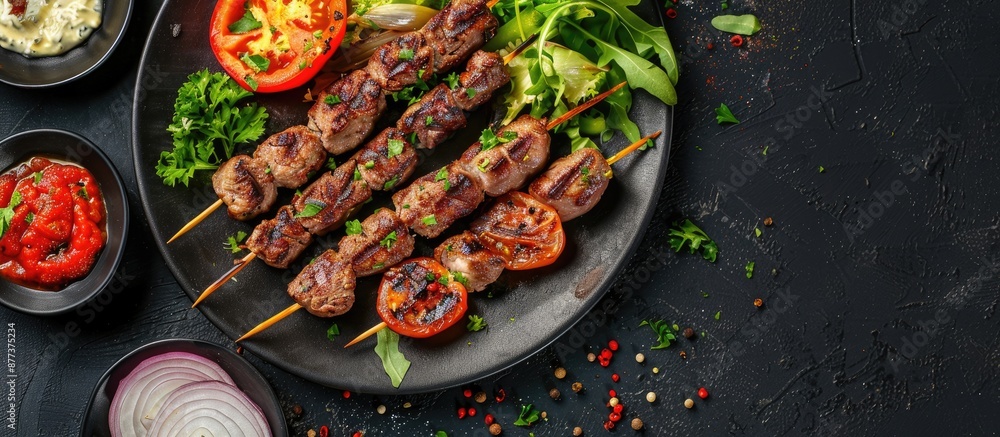 Poster adana kebab a mix of beef and lamb skewered and grilled served with tomato salad and onion on a dark