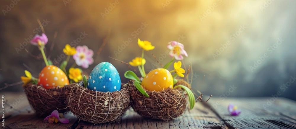 Poster easter concept with vibrant easter eggs and primula flowers inside wicker baskets on a rustic wooden