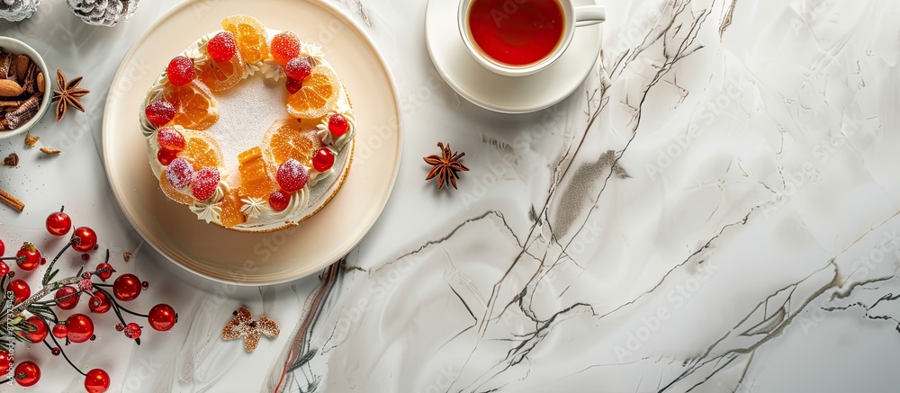 Aufkleber an enticing cake adorned with candied fruits alongside tea on a white marble surface aerial view for