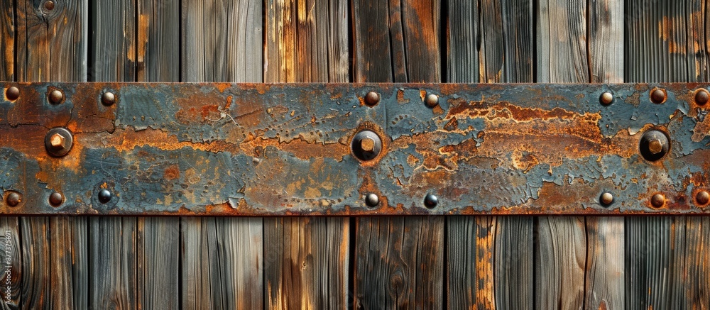 Poster wooden rustic background featuring an aged wood texture adorned with a metal strip creating a natura