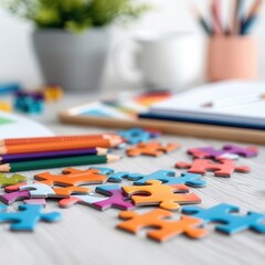 Colorful jigsaw puzzle pieces scattered on a desk with pencils and a notebook.