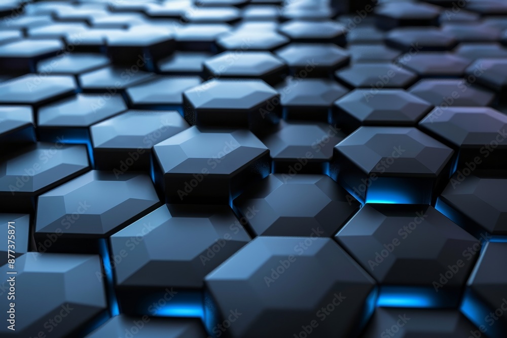 Poster futuristic background with hexagonal black shapes and blue edges. futuristic backdrop with hexagonal